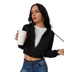 Black Cropped Hooded Cardigan Sweatshirt for Women