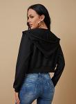 Black Cropped Hooded Cardigan Sweatshirt for Women