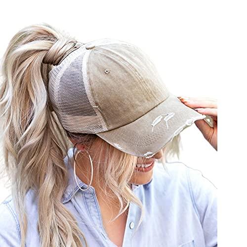 Promindfun women's ponytail dad hat (distressed washed cotton)