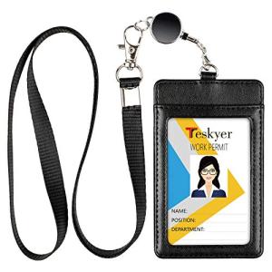 Teskyer Black Leather Badge Holder with Lanyard