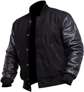 Men's Black Varsity Jacket with Leather Sleeves