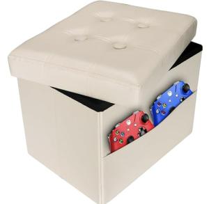 Beige Folding Storage Ottoman with Side Pocket