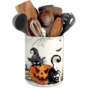 Halloween Cat Pumpkin Ceramic Utensil Holder