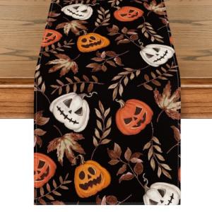 Halloween Pumpkin Leaves Black Table Runner 13x72 Inch