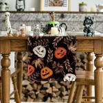 Halloween Pumpkin Leaves Black Table Runner 13x72 Inch