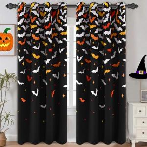 Halloween Blackout Curtains with Orange Bats - 2 Panels