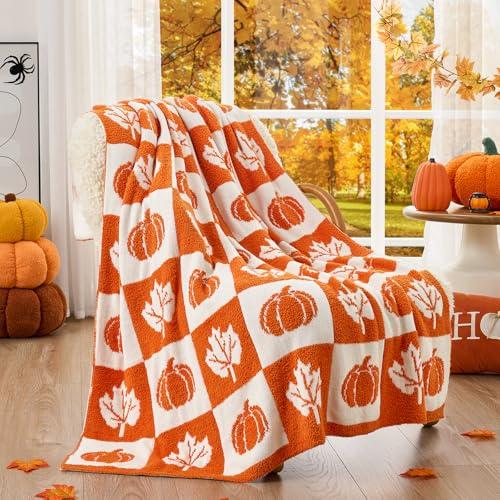 SNUGGLE SAC Fall Checkered Blanket Orange Pumpkin Maple Leaf Throw Blanket
