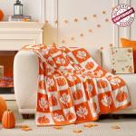 Cozy Pumpkin Maple Leaf Checkered Throw Blanket