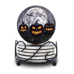 Black Round Drink Coasters Set of 6 with Holder