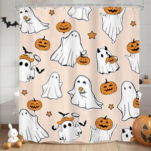 Cute Halloween Shower Curtain with Ghosts and Pumpkins