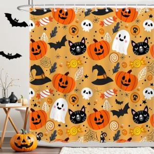 Halloween Shower Curtain with Cute Cat & Pumpkin