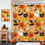 Halloween Shower Curtain with Cute Cat & Pumpkin