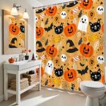 Halloween Shower Curtain with Cute Cat & Pumpkin