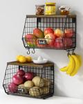 Goozii Hanging Wall Fruit Basket for Kitchen Counter 2 Pack, Stackable Wire Baskets for Organizing with Wood Lid, Potato and Onion Storage Bin with Banana Hook for Vegetable Produce, Black + Rustic