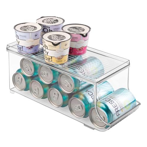 Clear plastic beverage organizer bin with lid by iDesign for maximizing storage space.