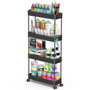 SPACEKEEPER Slim Rolling Storage Cart 4 Tier Organizer Mobile Shelving Unit Utility Cart Tower Rack for Kitchen Bathroom Laundry Narrow Places, Black