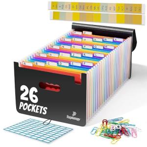 Accordion File Organizer, 26 Pockets Expanding Accordion Folder, A4 Letter Size Filing Organizer with Colorful Tabs, Elastic Cord, 60 Paper Clips, Labels & Stickers for Office, School, and Home