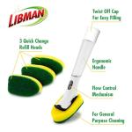 Libman Dishmatic I-Stand Dish Wand Kit, Kitchen Cleaning Scrub Brush with Handle and Soap Dispenser for Scrubbing and Washing Dishes, Refillable Standing Dispensing Scrubber Brushes, 3 Sponge Refills