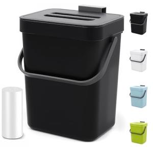 MONGTINGLU Countertop Compost Bin - 1.3 Gallons Hanging Small Trash Can with Lid for Kitchen Bathroom, Under Sink Kitchen Trash Can, Indoor Counter Compost Bucket with Lid, 5L(Black)