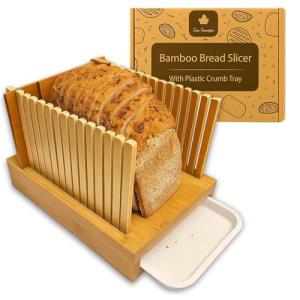 Bamboo Bread Slicer Guide Cutter For Slicing Homemade Bread, Bagels, Sourdough Loaves - Folable & Compact, Adjustable Width & Thickness, Crumb Tray, Kitchen Gadget & Gifts