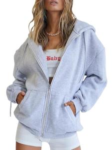 Oversized Zip Up Hoodie for Women - Grey