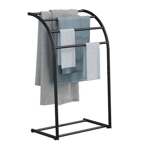 40-inch black metal free standing towel rack with four tiers and adjustable anti-slip feet.