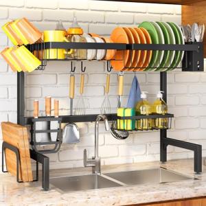 Over The Sink Dish Drying Rack, Adjustable (26.8" to 34.6") Large Dish Drainer Drying Rack for Kitchen Counter with Multiple Baskets Utensil Sponge Holder Sink Caddy, 2 Tier (Black)