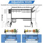 Over The Sink Dish Drying Rack, Adjustable (26.8" to 34.6") Large Dish Drainer Drying Rack for Kitchen Counter with Multiple Baskets Utensil Sponge Holder Sink Caddy, 2 Tier (Black)