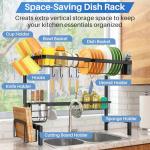 Over The Sink Dish Drying Rack, Adjustable (26.8" to 34.6") Large Dish Drainer Drying Rack for Kitchen Counter with Multiple Baskets Utensil Sponge Holder Sink Caddy, 2 Tier (Black)
