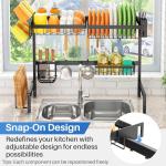 Over The Sink Dish Drying Rack, Adjustable (26.8" to 34.6") Large Dish Drainer Drying Rack for Kitchen Counter with Multiple Baskets Utensil Sponge Holder Sink Caddy, 2 Tier (Black)