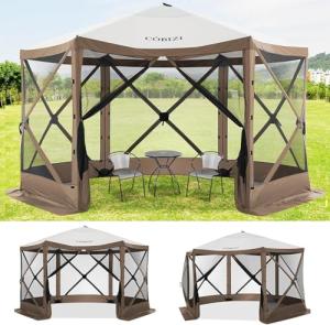 COBIZI 12x12ft Pop up Gazebo Screen Tent Screen House for Camping, Camping Outdoor Screened Gazebo with Sidewalls, Portable Hub Tent with Carrying Bag and Ground Stakes, Khaki(Upgraded 2.0)