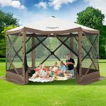 COBIZI 12x12ft Pop up Gazebo Screen Tent Screen House for Camping, Camping Outdoor Screened Gazebo with Sidewalls, Portable Hub Tent with Carrying Bag and Ground Stakes, Khaki(Upgraded 2.0)