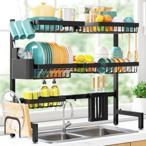 Sakugi Dish Drying Rack - Large Over The Sink Dish Drainer Drying Rack (31.5" to 39.5" W), Large Capacity Stainless Steel Dish Rack, Multifunctional Kitchen Organizers and Storage Rack, Black