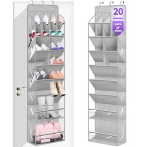 MISSLO Clear Over the Door Shoe Organizer Large Deep Pockets Hanging Shoe Rack for Closet Fit 20 Pairs Shoe Holder for Sneakers Boots Storage，Grey