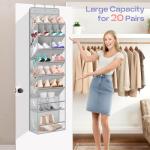 MISSLO Clear Over the Door Shoe Organizer Large Deep Pockets Hanging Shoe Rack for Closet Fit 20 Pairs Shoe Holder for Sneakers Boots Storage，Grey