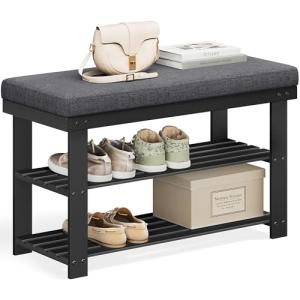 SONGMICS Bamboo Shoe Bench, 3-Tier Shoe Rack Organizer for Entryway, Living Room, Bench Seat Holds Up to 330 lb, 11.4 x 28 x 19.3 Inches, Black and Gray ULBS604B01