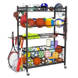 GRILL FORCE Garage Sports Equipment Organizer, Ball Storage Rack,Garage Organizer, Rolling Ball Cart with Wheels, Thickened Steel, for Sports Gear, Basketball, Golf Clubs, Toys, Indoor/Outdoor Use