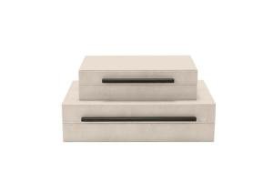 Generic Sagala Set of 2 Ivory Shagreen Decorative Boxes With Black Metal Handles, Faux Leather Jewelry Boxes Modern Storage Boxes Photo Boxes Memory Boxes Home Organizer Box(Ivory), 14.2x8.6x3.5cm