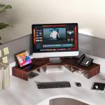 FITUEYES Dual Monitor Stand – 3 Shelf Computer Monitor Riser, Wood Desktop Stand with Adjustable Length and Angle, Desk Accessories, Office Supplies Medium Brown, DT108002WB