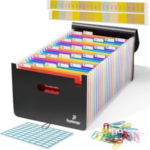 Accordion File Organizer, 26 Pockets Expanding Accordion Folder, A4 Letter Size Filing Organizer with Colorful Tabs, Elastic Cord, 60 Paper Clips, Labels & Stickers for Office, School, and Home