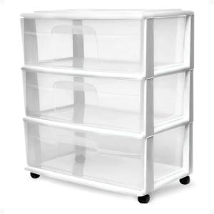 HOMZ Drawer Tower, 3-Tier Wide Clear Plastic Storage Organizer Cart, White Frame