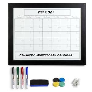 Large Magnetic Dry Erase Whiteboard Calendar with Real Wooden Frame, Large 24" x 30" Size, Wall Mount, Includes 4 Assorted Color Markers, Eraser and 4 Magnets, by Better Office Products (Solid Black)