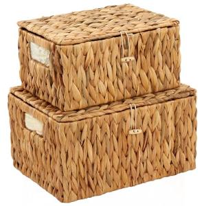 Edergoo Wicker Basket with Lid, Water Hyacinth Storage Baskets for Shelves, Large & Small Storage Basket with Lid and Built-in Handles, Hand Woven Hyacinth Baskets 2 Pack