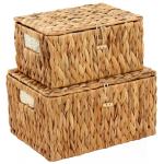 Edergoo Wicker Basket with Lid, Water Hyacinth Storage Baskets for Shelves, Large & Small Storage Basket with Lid and Built-in Handles, Hand Woven Hyacinth Baskets 2 Pack