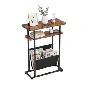 Narrow Rustic Brown Side Table with Magazine Rack