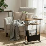 Narrow Rustic Brown Side Table with Magazine Rack