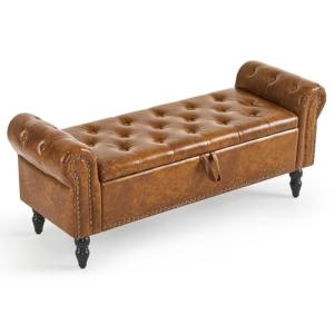 Yellow-Brown Leather Upholstered Storage Ottoman Bench