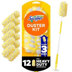 Swiffer Duster Heavy Duty Dusting Kit, Cleaning Supplies, 3 ft Extended Handle, 1 Duster, 12 Refills