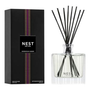 NEST New York Reed Diffuser, Moroccan Amber - 5.9 fl oz - Fragrance for Up to 90 Days - Reusable, Refillable Glass Holder - Includes 8 All-Natural Reed Sticks - Flame Free