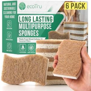 ecoTru 6 Pack Natural Kitchen Sponges, Compostable White Cellulose & Organic Coconut Scrubber Sponge for Washing Dishes, Kind Eco Friendly Non-Scratch & Biodegradable Dish Sponges